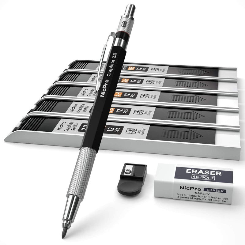 [Australia - AusPower] - Nicpro 2.0 mm Mechanical Pencil Set, Artist Metal Lead Holder Carpenter pencils with Graphite Lead Refill HB, 2H, 4H, 2B, 4B, Eraser, Sharpener for Draft Drawing, Writing, Shading, Art Sketching 1 