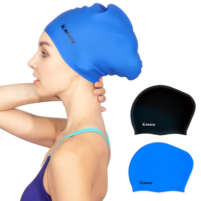 [Australia - AusPower] - Keary 2 Pack Updated Silicone Swim Cap for Long Hair Women Girl Waterproof Bathing Pool Swimming Cap Cover Ears to Keep Your Hair Dry, 3D Soft Stretchable Durable and Anti-Slip, Easy to Put On and Off 