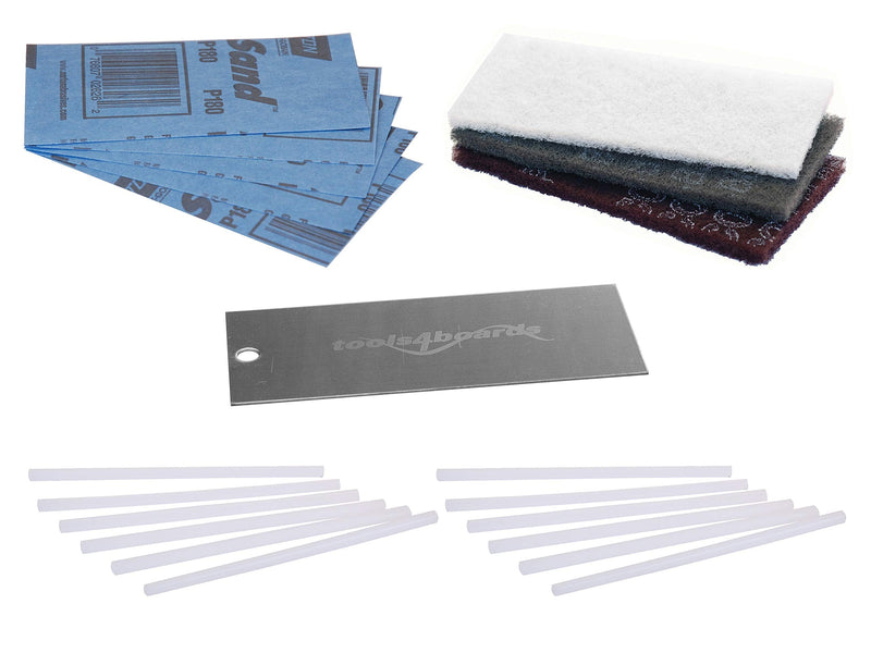 [Australia - AusPower] - Tools4Boards Ski & Snowboard P-TEX Base Repair Kit: 12 pcs Ptex + 5 pcs Structure Sandpaper + 3 Brite Abrasive Pads + Stainless Scraper, Clear, Extra Large 