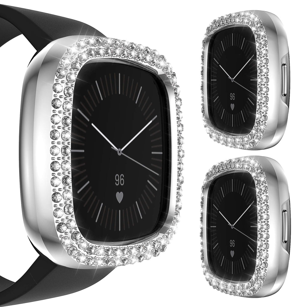 [Australia - AusPower] - 2 Pack Bling Protector Case Compatible with Fitbit Versa 3 smartwatch Covers Accessories，Landhoo Hard PC Full Cover Protective Bumper Frame for Women Watch.(Silver+Silver) silver+silver 