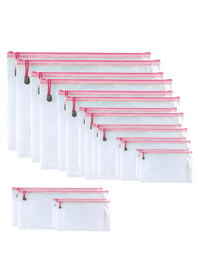 [Australia - AusPower] - Oaimyy-Plastic Zipper Pouch Pen File Document Folders Pockets Bags Clear Mesh Weatherproof Protection-9 Sizes,18 pcs (Pink) Pink 