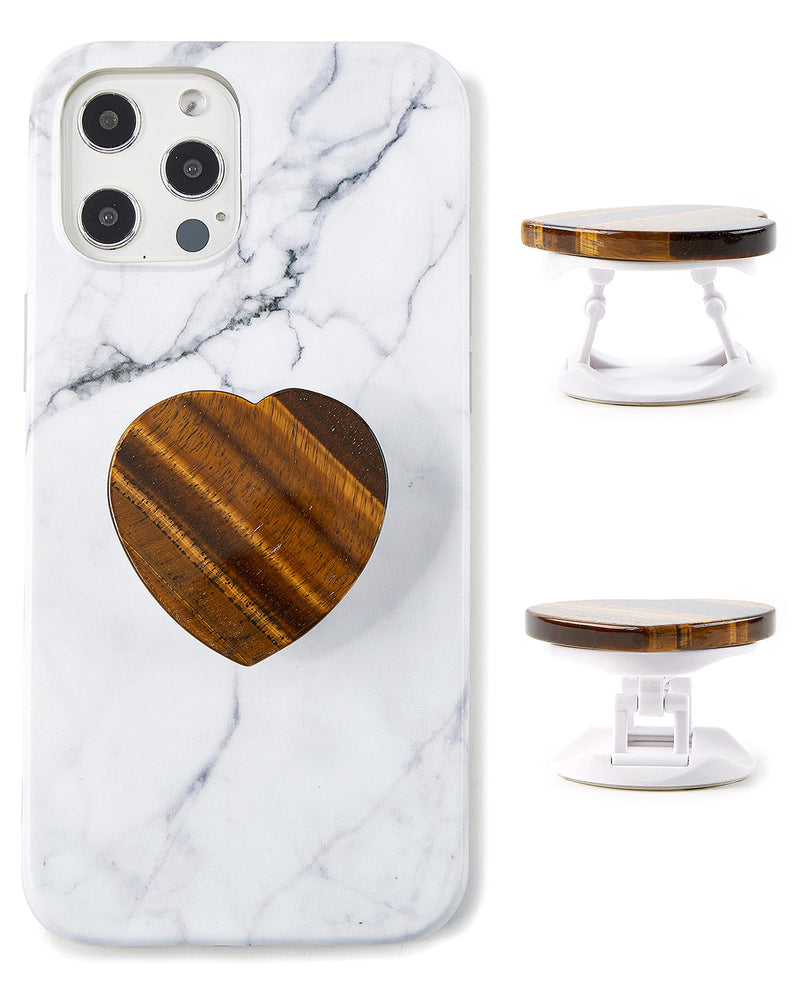 [Australia - AusPower] - Matte Stone Natural Handmade Heart-Shaped Tiger Eye Gemstone Collapsible Grip & Stand for Phones and Tablets (Heart-Shaped Tiger Eye/White Grip) 