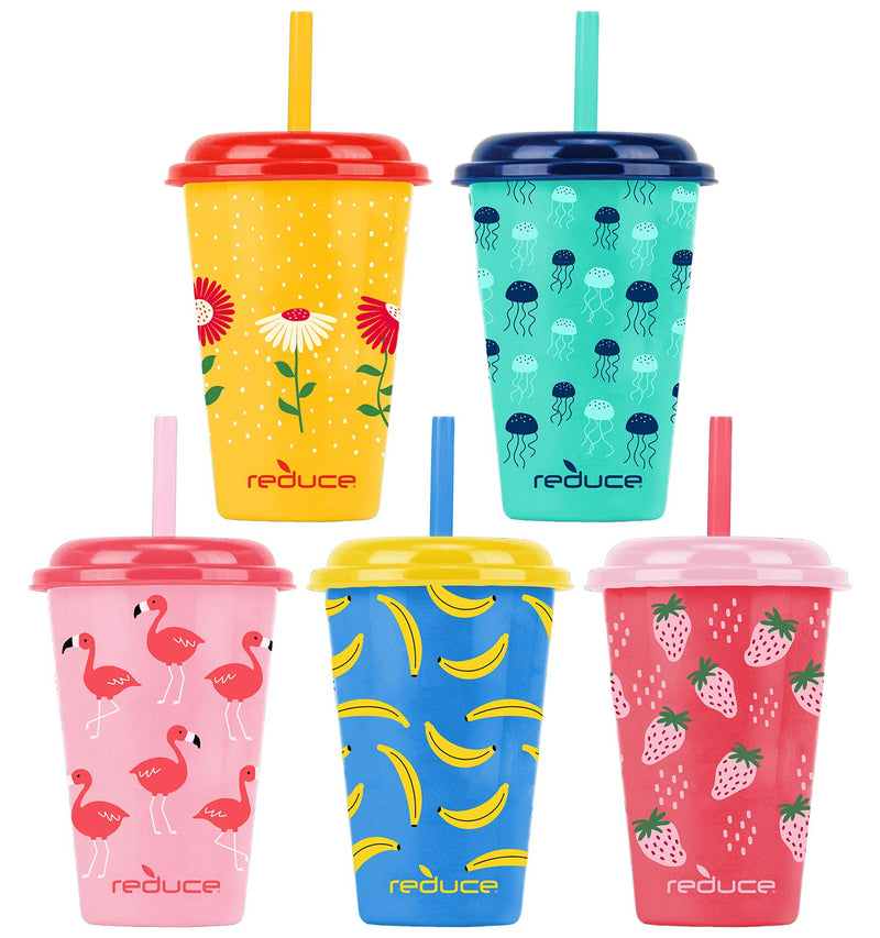 [Australia - AusPower] - Reduce GoGo's – 12 oz Kids Tumbler Set, 5 Pack – Plastic Kids Cups with Straws and Lids – Dishwasher Safe, BPA Free – An Ideal Kid's Cup for Smoothies – Mix and Match, 5 Fun Designs, Sweet 5 Count (Pack of 1) Strawberry Banana 