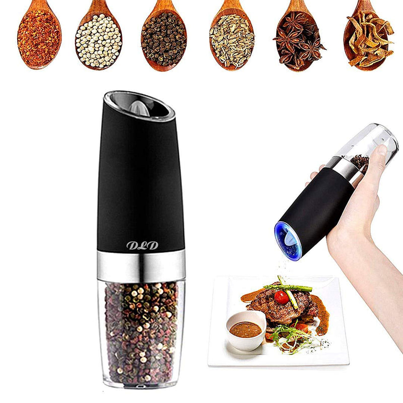 [Australia - AusPower] - Electric gravity pepper grinder or salt grinder with adjustable thickness, automatic pepper grinder battery, with blue LED light, DLD one-hand operation, brushed stainless steel (1 piece Black) 1 piece 
