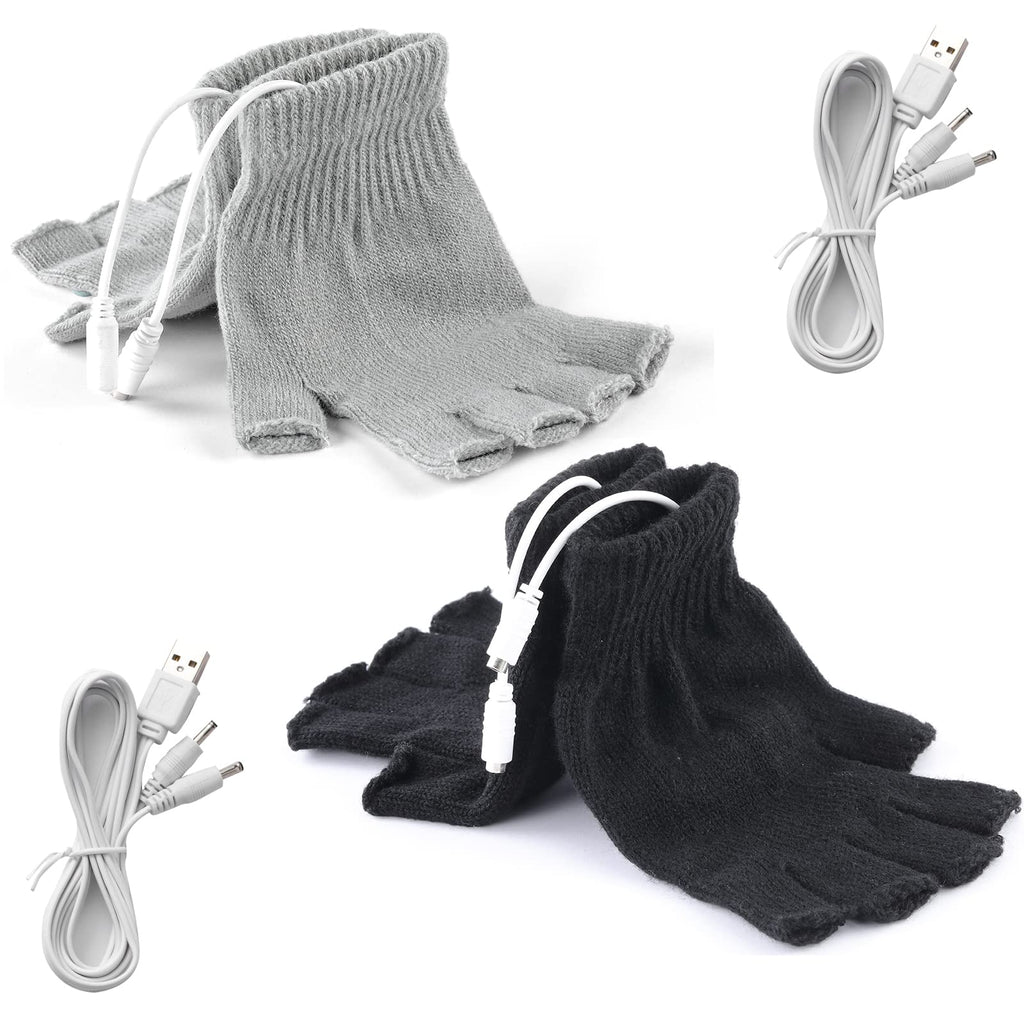 [Australia - AusPower] - 2 Pairs USB Heated Gloves for Men and Women, USB 2.0 Powered Stripes Heating Pattern Knitting Wool Heating Mittens Hands Warmer Fingerless Washable Design Winter Gift (Black & Gray) Black+grey 