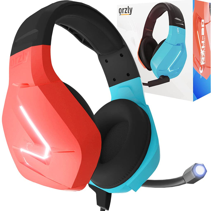 [Australia - AusPower] - Orzly Gaming Headset (Red/Blue) with Mic Compatible for Nintendo Switch OLED and Lite Joycon Color Match with Led Light Microphone & Remote - Hornet RXH-20 Tanami Edition Red/Blue 