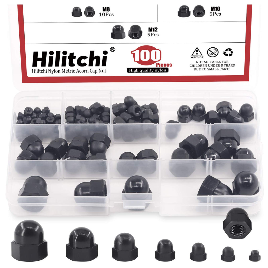 [Australia - AusPower] - Hilitchi 7Sizes 100Pcs Black Nylon Acorn Nut Metric Inner Threaded Cap Nuts Assortment Kit M3 4 5 6 8 10 12 Dome Nuts 