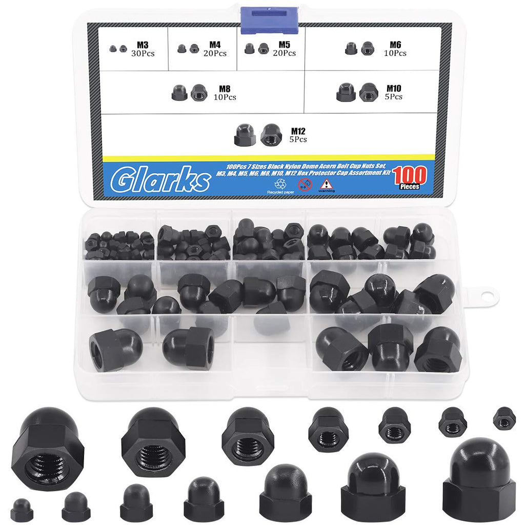 [Australia - AusPower] - Glarks 100Pcs 7 Sizes Black Nylon Dome Acorn Bolt Cup Nuts Set, M3, M4, M5, M6, M8, M10, M12 Hex Protector Cap Assortment Kit for Protecting Hexagon Shaped Threads Rods Studs and Bolts 