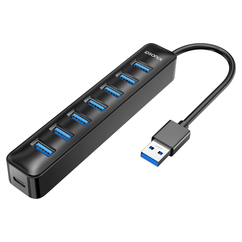[Australia - AusPower] - iDsonix USB Hub 3.0, 7-Port 5V / 3A Powered USB Hub, 5Gbps HighSpeed Data Transmission USB Splitter for Laptop, iMac, Surface Pro, XPS, USB Flash Drives, Mobile HDD, Printer, Camera, and More -Black BLACK 
