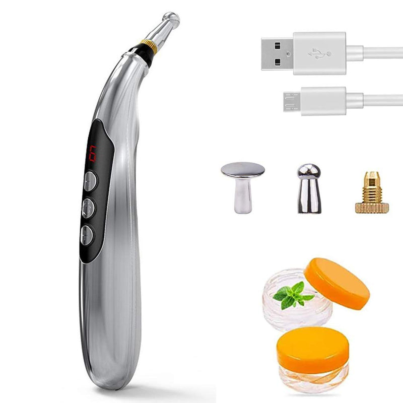 [Australia - AusPower] - Acupuncture Pen Electronic Accupressure Pen, USB Rechargeable Pain Relief Electric Meridians Energy Pen Massager Pen Pain Relief Massage Tool with 3 Massage Heads & 2 Massage Gel 