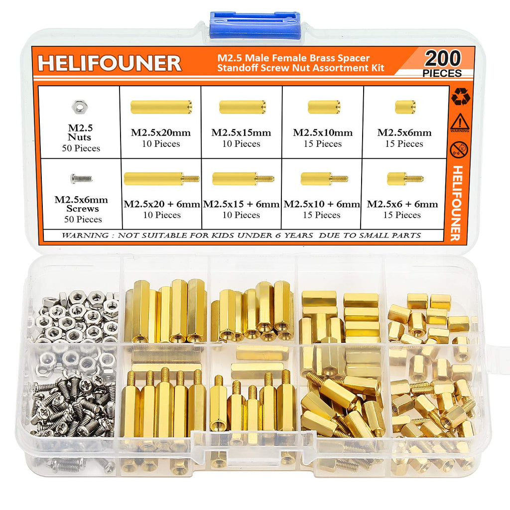 [Australia - AusPower] - HELIFOUNER 200 Pieces M2.5 Male Female Hex Brass Spacer Standoff Screw Nut Assortment Kit 