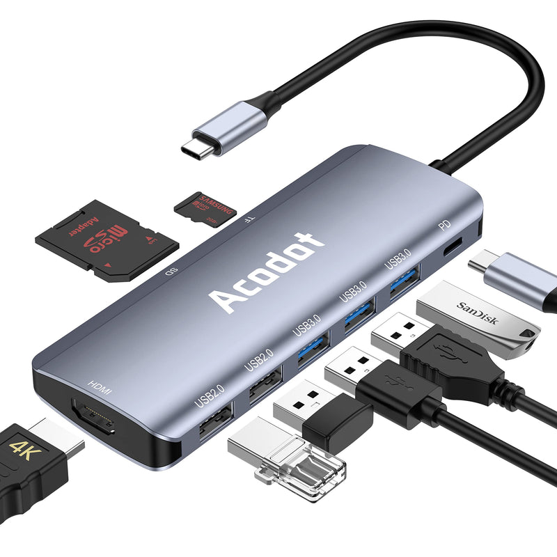 [Australia - AusPower] - USB C Hub Multiport Adapter, Acodot 9 in 1 USB C to HDMI Hub, USB C Adapter with 4K HDMI, 100W PD, 3 USB 3.0 Ports, SD/TF Card Reader, USB C Dongle for MacBook Pro Air, iMac, XPS, More Type-C Device 