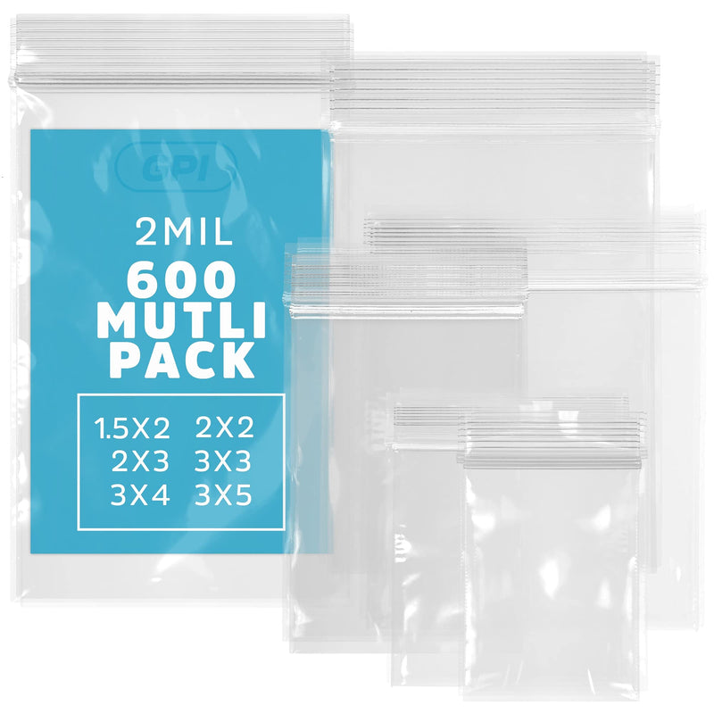 [Australia - AusPower] - ASSORTED CLEAR PLASTIC ZIP BAGS - GPI 600 Pack - 2 mil, 6 Sizes, 1.5x2 - 2x2 - 2x3 - 3x3 - 3x4-3x5, Durable Poly Baggies, Resealable Lock For Jewelry, Storage, Packaging & Shipping. 1.5x2 - 2x2-2x3 - 3x3 - 3x4 - 3"x5" 