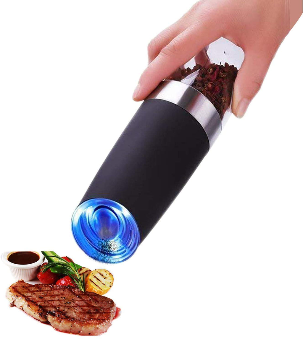 [Australia - AusPower] - QUMOX Gravity Electric Pepper Grinder , Automatic Salt and Pepper Mill Grinder, Battery Powered, Adjustable Roughness, Blue LED Light, One Hand Operation 