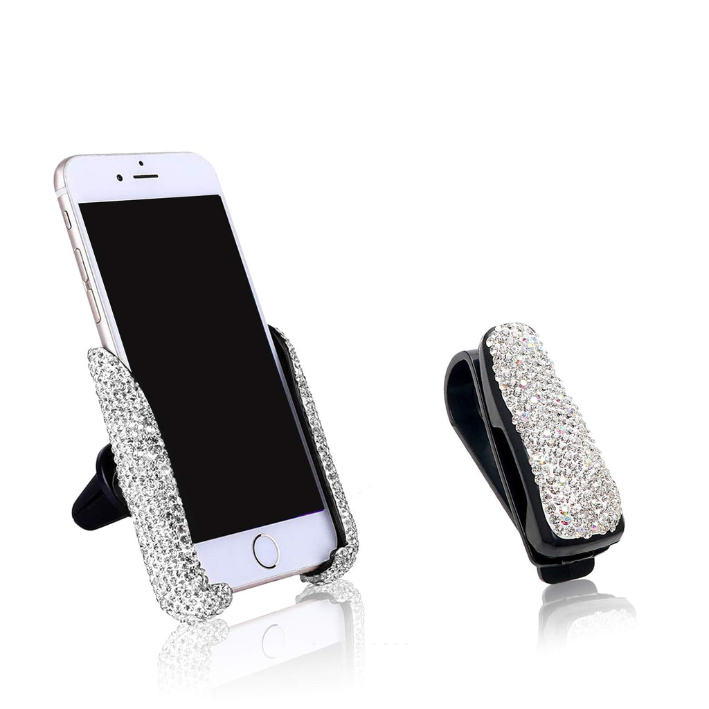 [Australia - AusPower] - MY Bling Crystal Car Phone Mount with Free Glasses Holders for Car Sun Visor,Universal Cell Phone Holder for Dashboard,Windshield and Air Vent,Bling Car Accessories for Women White 