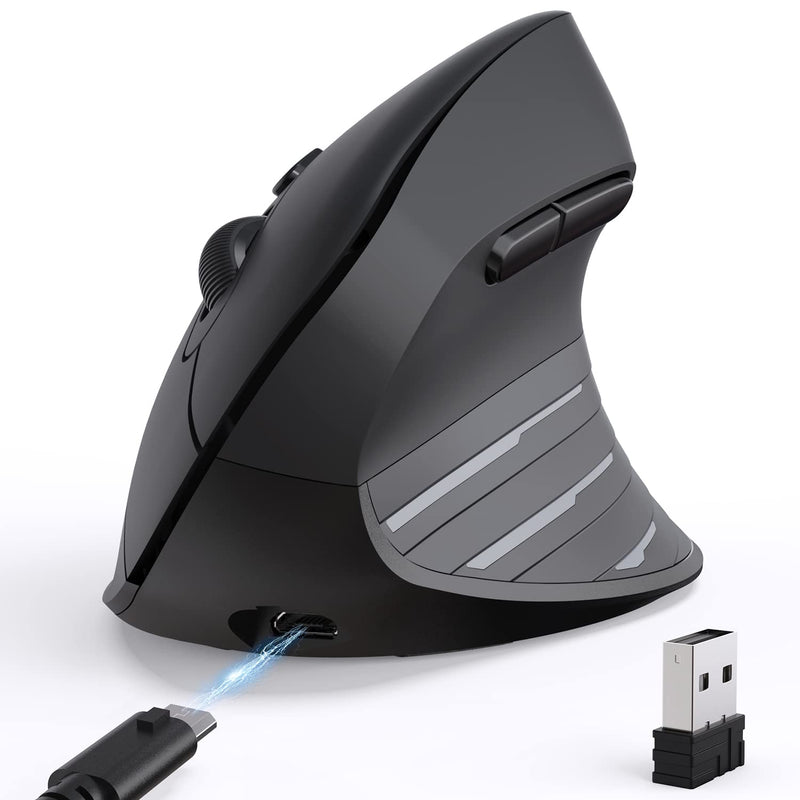[Australia - AusPower] - Ergonomic Mouse, iClever Chargable Vertical Mouse Wireless 6 Buttons with Adjustable DPI 1000/1600/2000/2400 Comfortable 2.4G Optical Ergo Mouse for Laptop, Computer, Desktop, Windows, Mac OS-Black 