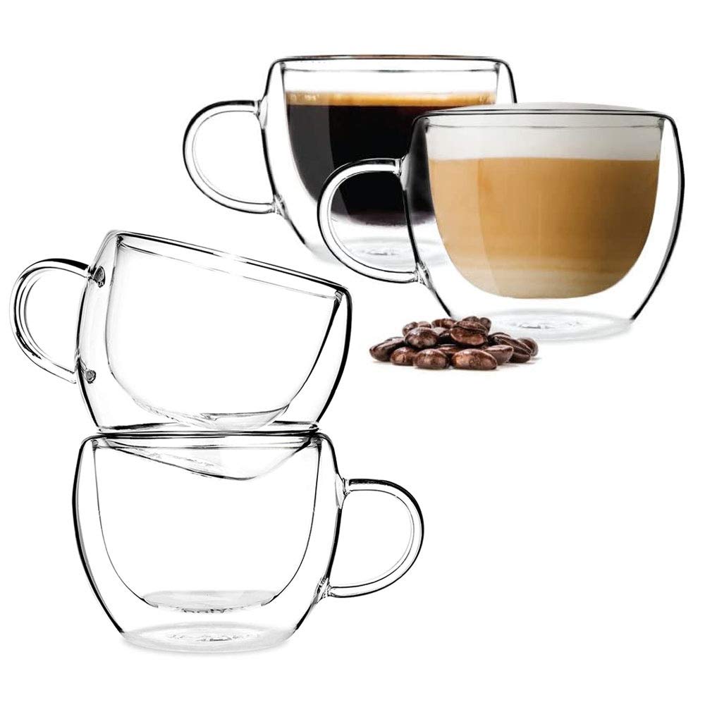 [Australia - AusPower] - BOQO Glass Coffee Cups Set of 4,Double Walled Insulated Drinking Glass Coffee Mugs with Handle,Perfect for Latte, Cappuccinos, Tea Bag, Juice (120ml /4oz Water Glasses) 4 Count (Pack of 1) 