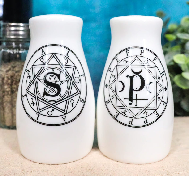 [Australia - AusPower] - Ebros Wicca Magic Sacred Geometry Interwoven Pentacle Crescent Moons Ceramic Salt And Pepper Shakers Set Figurines Party Kitchen Tabletop Halloween Ossuary Macabre Alchemy Collectible Decorative 