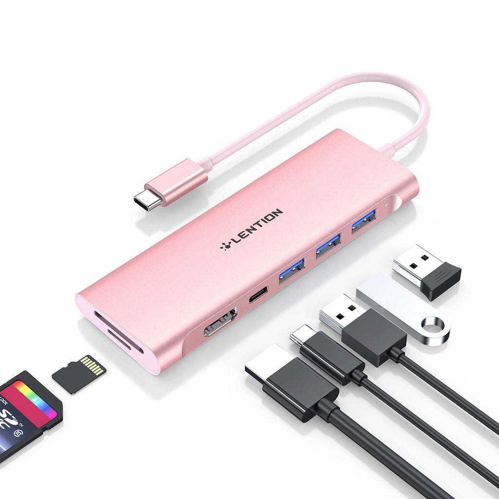 [Australia - AusPower] - LENTION USB C Multiport Hub with 4K HDMI, 3 USB 3.0, SD/Micro SD Card Reader, 100W PD Compatible 2022-2016 MacBook Pro, New Mac Air, Other Type C Devices, Stable Driver Adapter (CB-C36B, Rose Gold) 