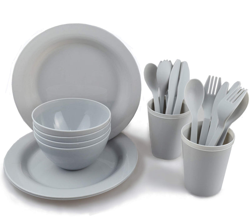 [Australia - AusPower] - Plastic Plates College Dorm Room Essentials Dishes Set Camping Plates and Bowls Dishes Set Dinnerware Accessories Mess Kit-Microwaveoven Safe BPA-Free with Mesh Bag-24PCS Gray 