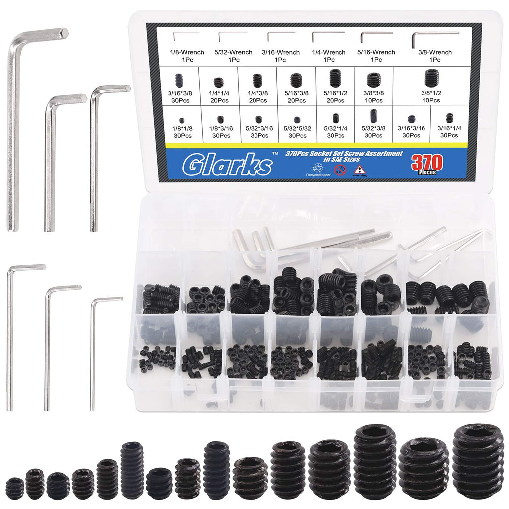 [Australia - AusPower] - Glarks 370Pcs 15 Size 3/8x1/2''-1/8x1/8'' Internal Hex Allen Head Socket Set Screw, 12.9 Class Black Alloy Steel Hex Grub Screws Assortment Kit with 6Pcs Hex Wrenches 