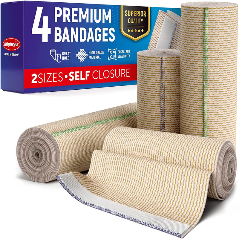 [Australia - AusPower] - Premium Elastic Bandage Wrap - (Pack of 4) - Cotton Latex Free Compression Bandage Wrap - 4” & 6” Self-Closing - Washable & Reusable Adhesive 4pk 