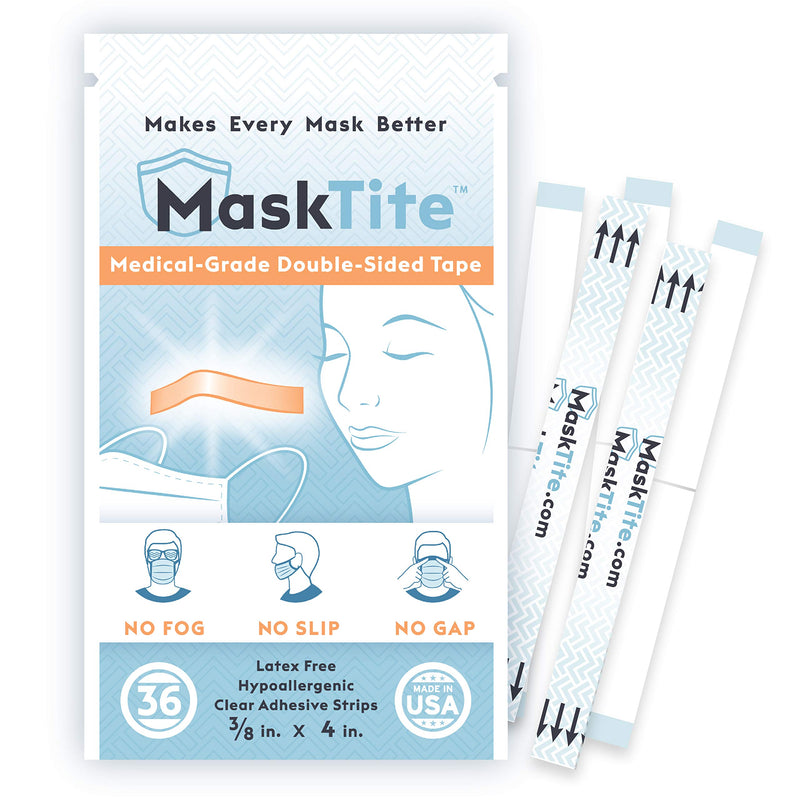 [Australia - AusPower] - MaskTite – Face Mask Tape, No Fogging Glasses. No Slipping Masks. No Gaps. Made in USA. Gentle, Medical-Grade, Hypoallergenic, Latex Free, Double-Sided Tape 36 Precut Strips. Works with Any Mask. 