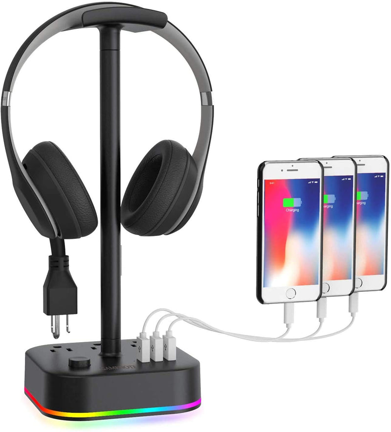 [Australia - AusPower] - Gamenote RGB Headphone Stand & Power Strip 2 in 1 Desk Gaming Headset Holder with 3 USB Charging Ports and 3 Power Outlets Earphone Hanger Accessories for Desktop Gamer 