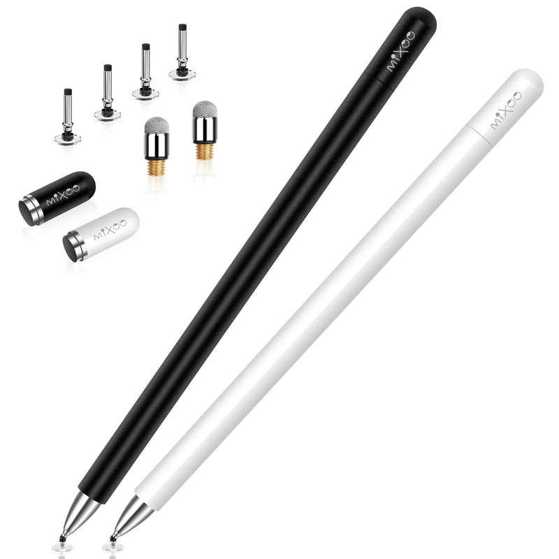 [Australia - AusPower] - Stylus Pens for iPad - Mixoo High Sensitivity Disc & Fiber Tip 2 in 1 Universal Stylus with Magnetic Cap for iPad, iPhone, Android, Microsoft Tablets and Other Capacitive Touch Screens (Black/White) 