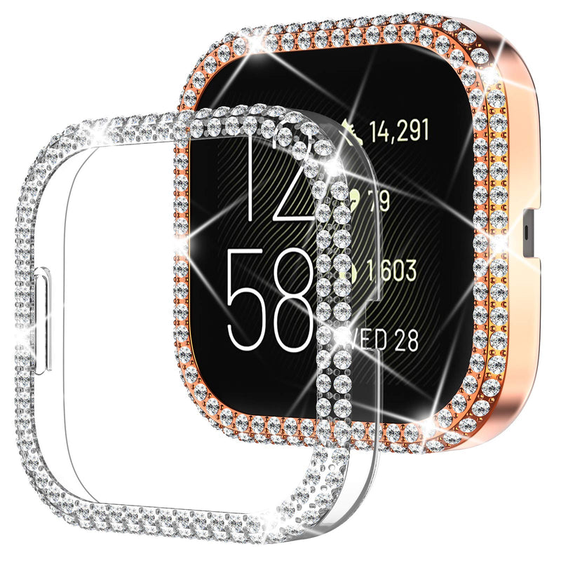 [Australia - AusPower] - DABAOZA Compatible for Fitbit Versa 2 Watch Case, [2 Pack] Bling Glossy Silver Women Girl Dressy Crystal Diamonds PC Protective Bumper Watch Cover Cases for Fitbit Versa2 (Rosegold+Clear) Rosegold+Clear 