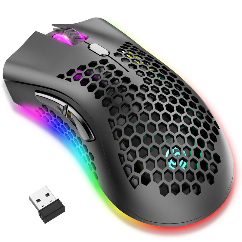 [Australia - AusPower] - Lightweight Wireless Gaming Mouse, 2.4G Wireless Rechargeable Computer Mouse with Honeycomb Shell, 7 Buttons, Adjustable DPI, USB Receiver, Ergonomic RGB Gamer Mice for PC Mac Gamer(Black) black 