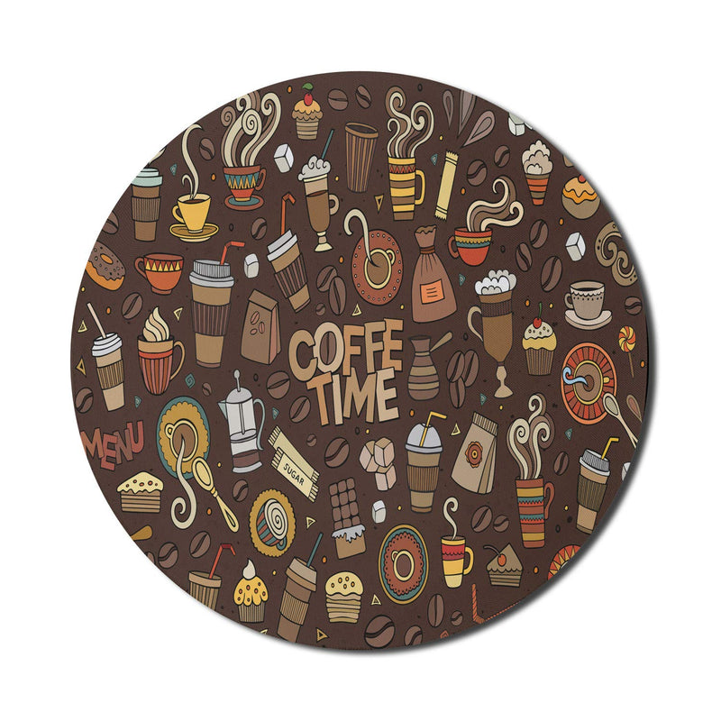 [Australia - AusPower] - Ambesonne Coffee Mouse Pad for Computers, Hand Drawn Cartoon Coffee Time Theme Sweets and Drinks Ornamental, Round Non-Slip Thick Rubber Modern Gaming Mousepad, 8" Round, Brown Multicolor 