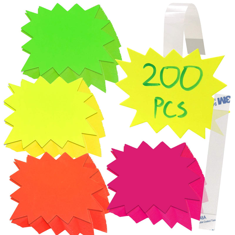 [Australia - AusPower] - Daily Treasures 200Pcs Starburst Signs, with 100Pcs PVC Self-Adhesive Strips-4 Colors Fluorescent Burst Paper Signs Blank Sales Burst Signs for Retail Store, Garage Sale Sign to Boost Sales 