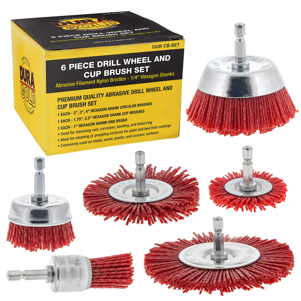 [Australia - AusPower] - Dura-Gold 6 Piece Abrasive Filament Nylon Wire Bristle Drill Wheel and Cup Brush Set - Coarse Sanding Scuffing, 1/4" Drill Shank - Remove Rust, Corrosion, Paint - Surface Prep Truck Bed Liner Coating 
