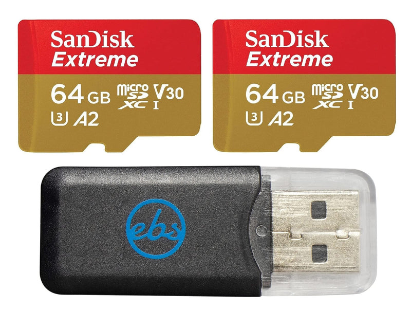 [Australia - AusPower] - SanDisk Extreme (UHS-1 U3 / V30) A2 64GB MicroSD (2 Pack) Memory Card for GoPro Hero 9 Black Action Cam Hero9 SDXC (SDSQXA2-064G-GN6MN) Bundle with (1) Everything But Stromboli Micro SD Card Reader 