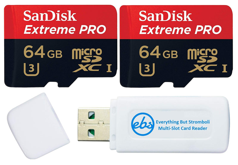 [Australia - AusPower] - SanDisk 64GB Micro SDXC Memory Card Extreme Pro (2 Pack) Works with GoPro Hero 9 Black Action Camera U3 V30 4K Class 10 (SDSQXCY-064G-GN6MA) Bundle with 1 Everything But Stromboli TF & SD Card Reader 