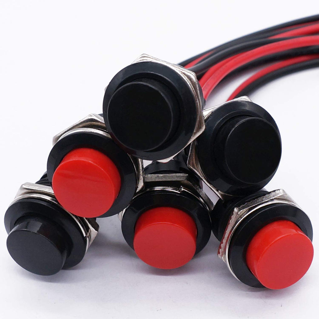 [Australia - AusPower] - Twidec/6Pcs SPST Momentary Push Button Switch AC250V/3A AC125V/6A Mini Off(ON) ON Black + Red with Pre-soldered Wires R13-507BKR-X Black+Red 