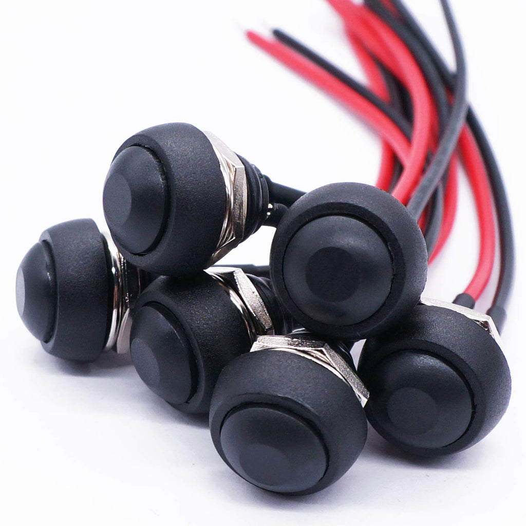 [Australia - AusPower] - Twidec/6Pcs 12mm Momentary Push Button Switch 1/2" Mounting Hole On Off Mini Round Waterproof Black with Pre-soldered Wires PBS-33B-BK-X 