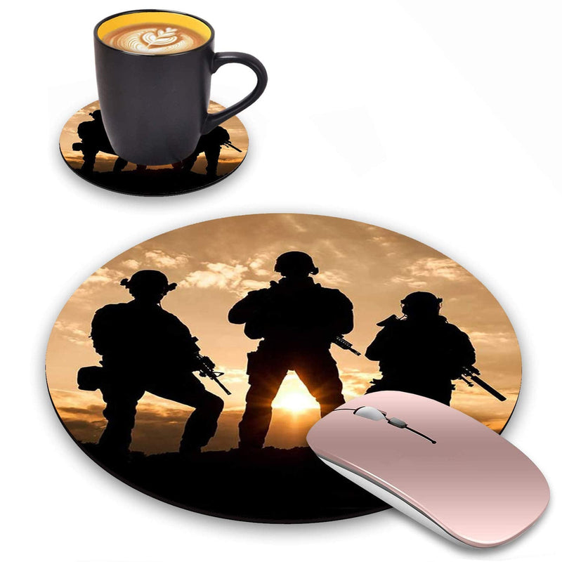 [Australia - AusPower] - Round Mouse Pad with Coasters Set, American Army Troops Military Design Mouse Pad, Non-Slip Rubber Base Mouse Pads for Laptop and Computer Office Accessories 