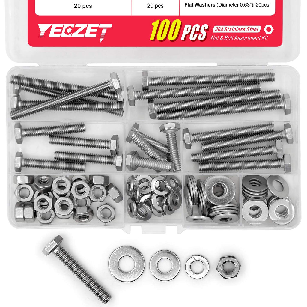 [Australia - AusPower] - 100PCS 1/4-20x1", 1-1/2", 2", 2-1/2", 3" Stainless Steel Hex Head Screws Bolts and Nuts Flat & Lock Washers Assortment Kit, 304 Stainless Steel 18-8,Fully Machine Thread, Bright Finish 100PCS 1/4-20 Bolts and Nuts Kit 