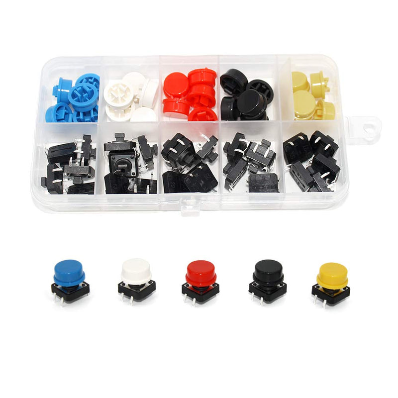 [Australia - AusPower] - WOWOONE 25pcs 12x12x7.3 mm Tact Tactile Push Button Switch, 4 Pin Momentary SMD PCB Micro Switch with Cap for Arduino, AE1027 5 Colors Round Cap Assortment Kit DIY Project 