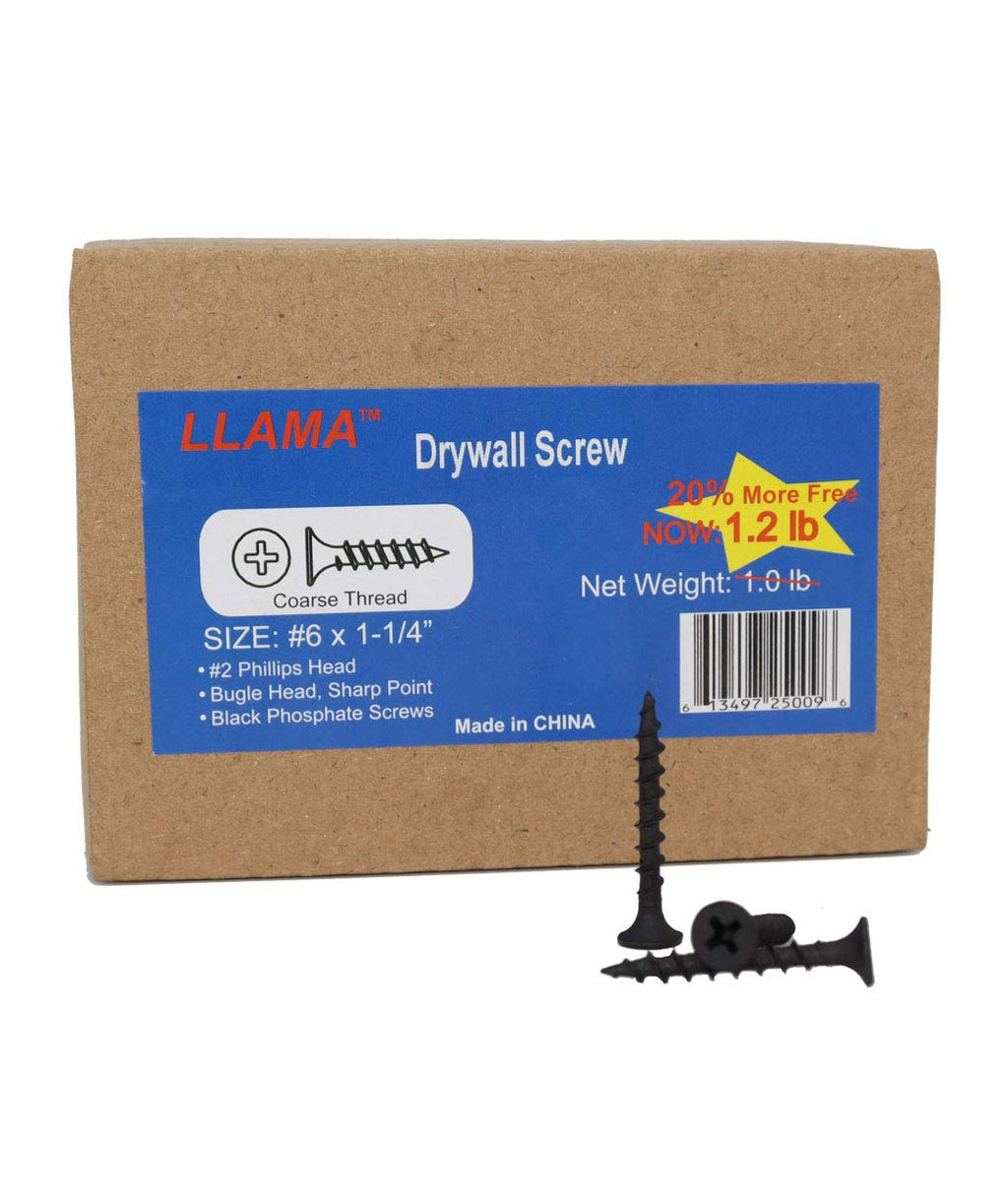[Australia - AusPower] - LLAMA Fastener Drywall Screws #6x1-1/4” - Coarse Threaded Black Phosphate Screws, Pay 1.0LB Now GET 1.2LB #6x1-1/4" 