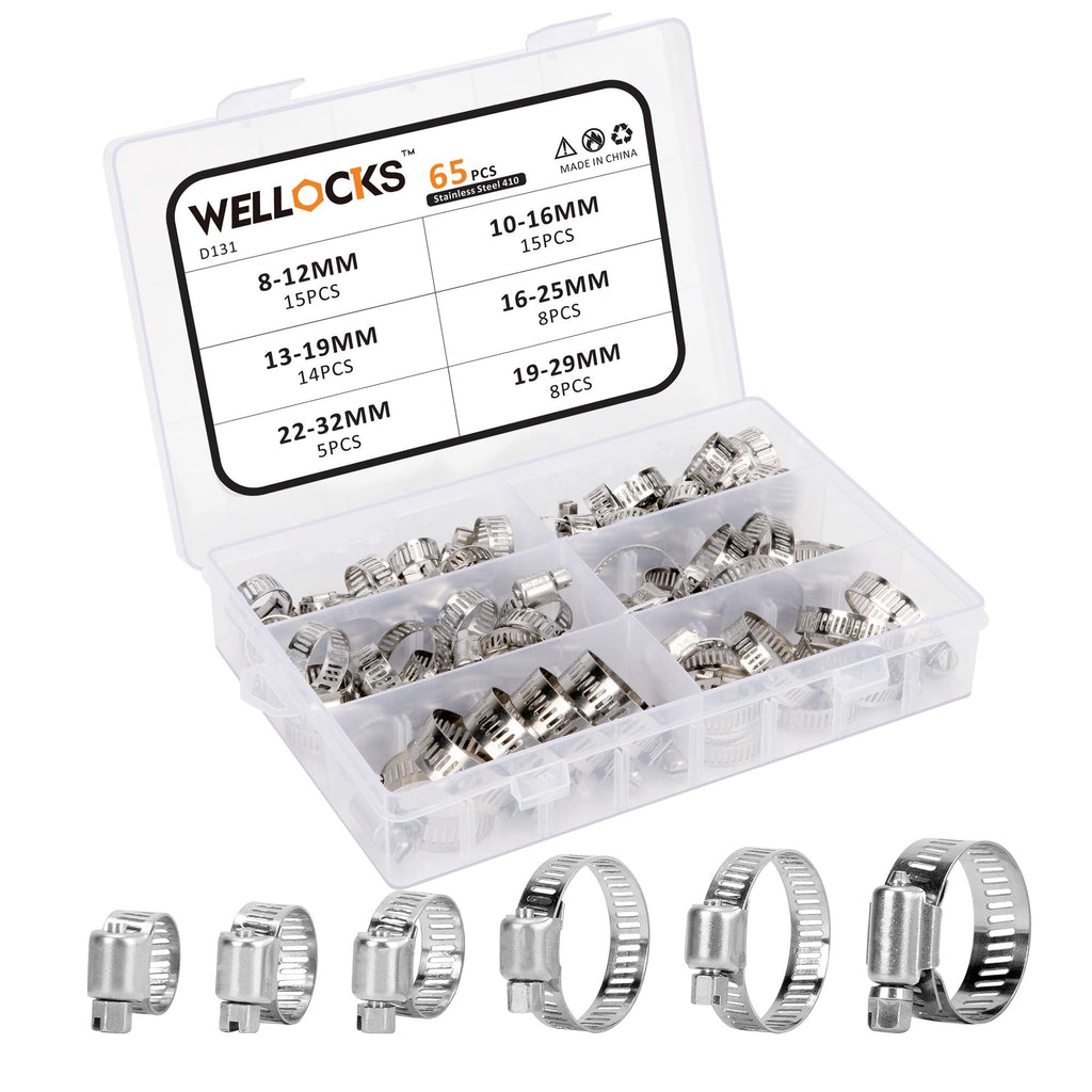 [Australia - AusPower] - WELLOCKS Hose Clamp Assortment 65PCS Stainless Steel Adjustable 8-32mm Range Worm Gear Hose Clamps Kit Fuel Line Clamp for Water Pipe, Plumbing, Automotive and Mechanical Application (D131) 