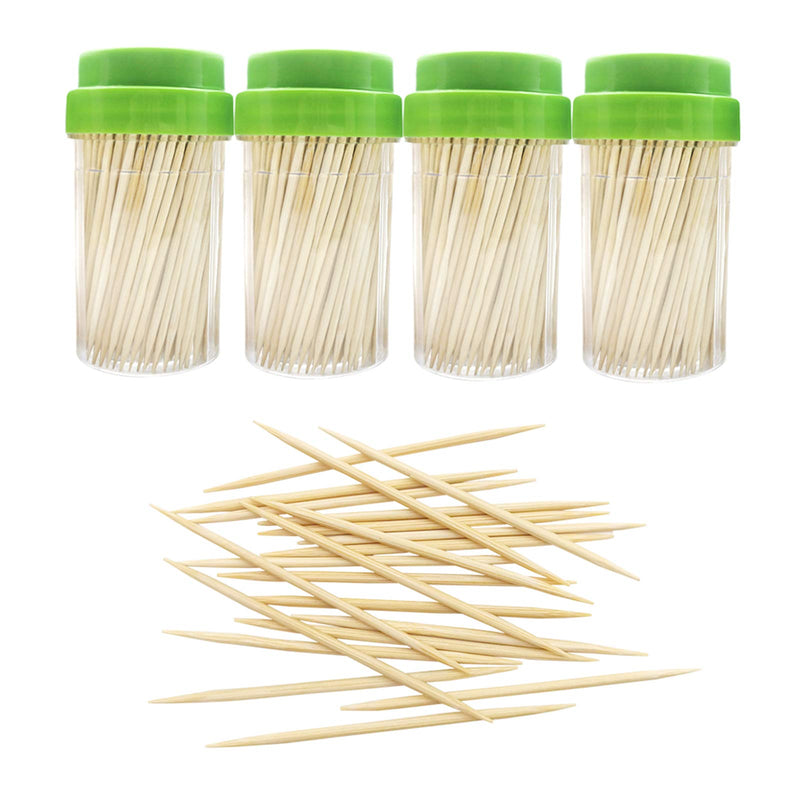 [Australia - AusPower] - BLUE TOP Bamboo Wood Toothpicks 1000 PCS in 4 Bottles of 250, Round Sturdy Toothpick holder Double-Side Point,Toothpick Dispenser for Teeth,Food Pick Appetizers,Cocktails Fruits,Olive&DIY Craft 