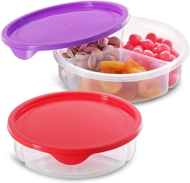 [Australia - AusPower] - Zilpoo 2 Pack - 3 Compartment Round Plastic Food Storage Container with Lid, Divided Kids Lunch Box, Candy and Nut Serving tray w/ Cover, Keto Snack Plate, Arts, Crafts Organizer Holder, 7-Inch 
