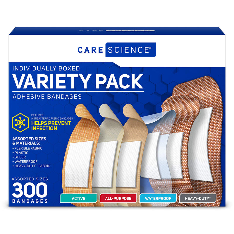 [Australia - AusPower] - Care Science Variety Bandages Pack, 300 ct Bulk Assorted Sizes | Includes Active, All-Purpose, Waterproof, and Heavy-Duty Bandages. Breathable Protection Helps Prevent Infection for First Aid 