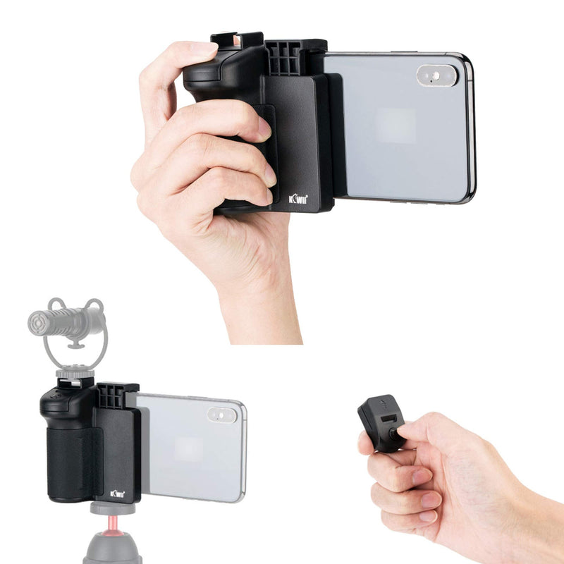 [Australia - AusPower] - JJC 3 in 1 Phone Tripod Mount with Cold Shoe and DSLR-Like Hand Grip with Detachable Bluetooth Shutter Remote Control for iPhone Android Phone to Take Selfies, Group Photo and Stable One-Handed Video 