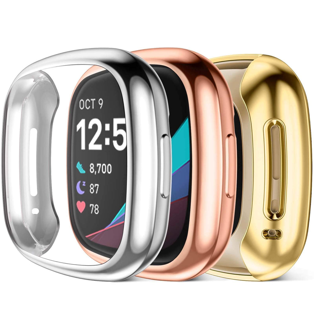 [Australia - AusPower] - Maledan Compatible with Fitbit Sense & Versa 3 Screen Protector Case, Ultra Thin Full Protective Case Cover for Fitbit Versa 3/Sense Smartwatch Bands Accessories, 3 Pack Rose Gold/Silver/Gold Gold/ Rose Gold/ Silver 