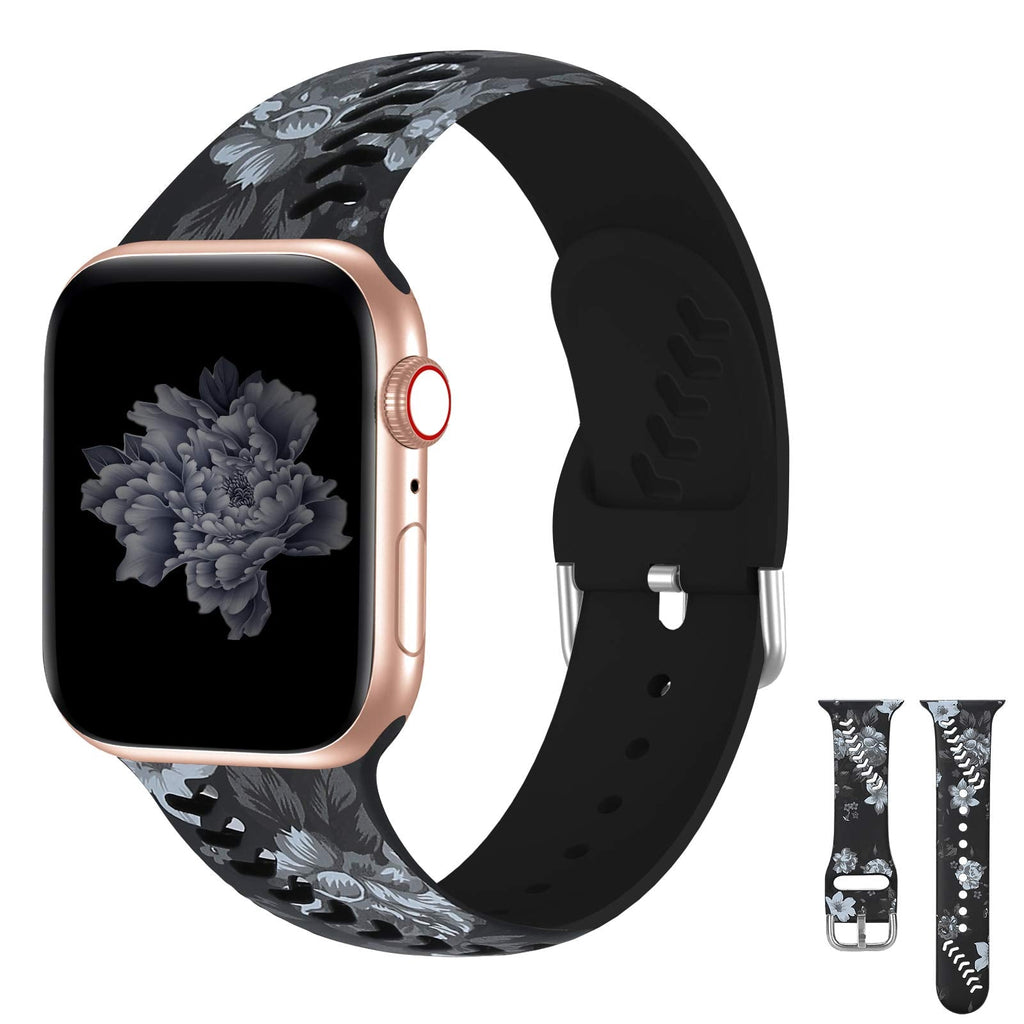 [Australia - AusPower] - iWabcertoo Sport Bands Compatible for Apple Watch Band 38mm 40mm 42mm 44mm, Breathable Soft Silicone Smartwatch Band Replacement Strap Wristband Compatible with iWatch Series 1/2/3/4/5/6 SE, Men Women Gray Floral 38mm/40mm 