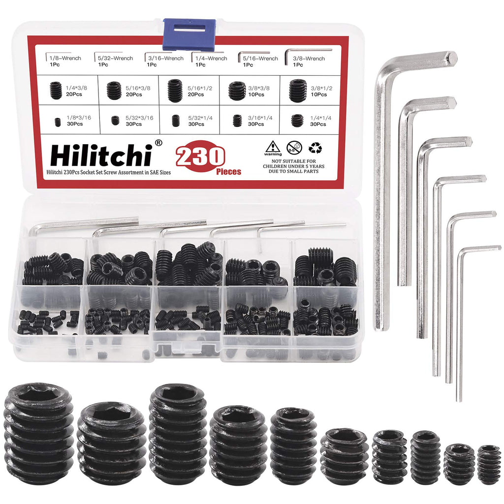 [Australia - AusPower] - Hilitchi 230Pcs Socket Set Screw Assortment in SAE Sizes Internal Hex Drive Cup Point Allen Grub Screws 12.9 Class Black Alloy Steel (10Sizes) 